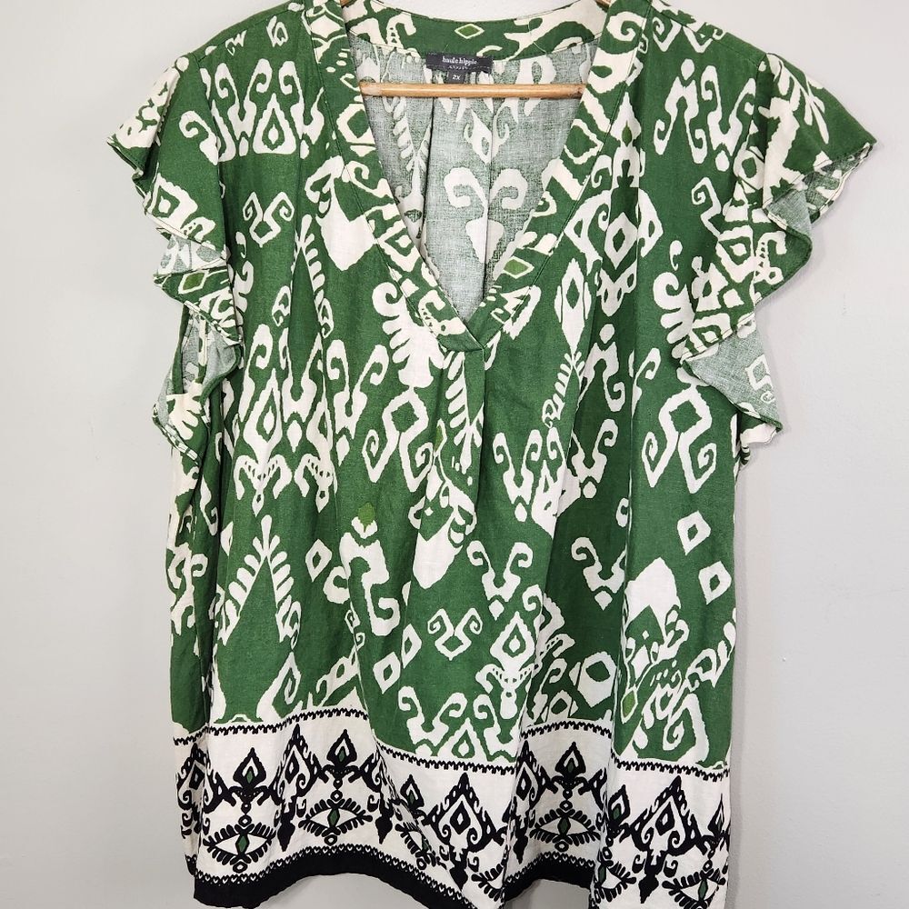 Haute Hippee Linen Blend Green Boho Size 2X Summer Abstract Top
